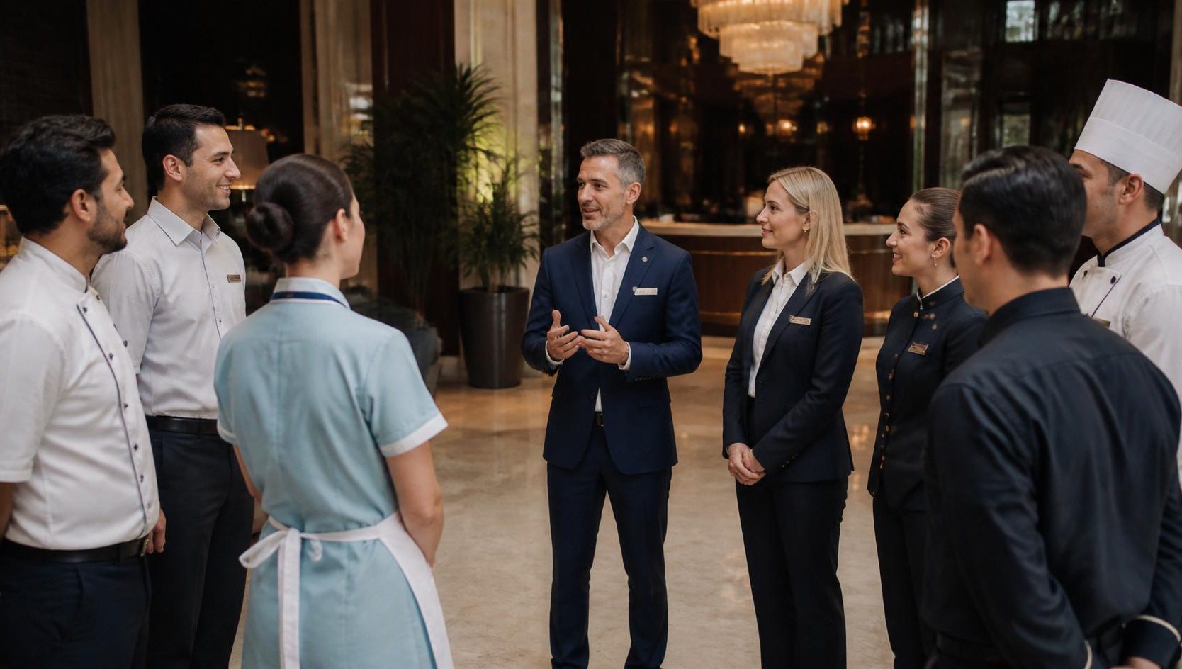 Arbeitsplätze schaffen, an denen Menschen gern arbeiten Mitarbeitende eines Hotels im 10-Minuten-Daily
